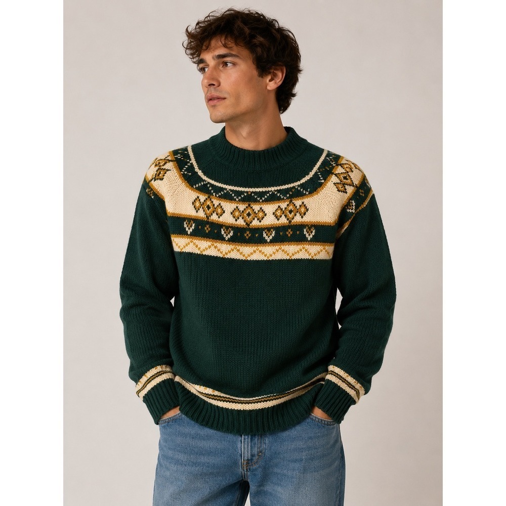 Vintage JCPenney Mens XL Green Fair Isle Nordic Knit Sweater Mock Neck Acrylic